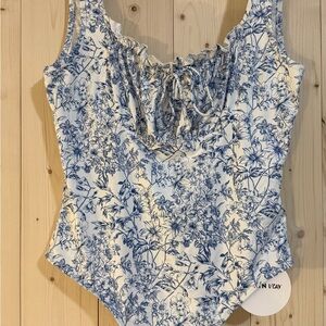 New SHEIN Blue and White Ruched Tie Front Bodysuit